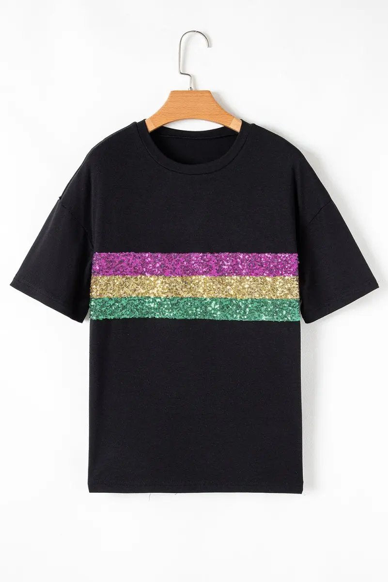 Black Sequin Stripes Patchwork Mardi Gras Crew Neck T Shirt - Love Salve